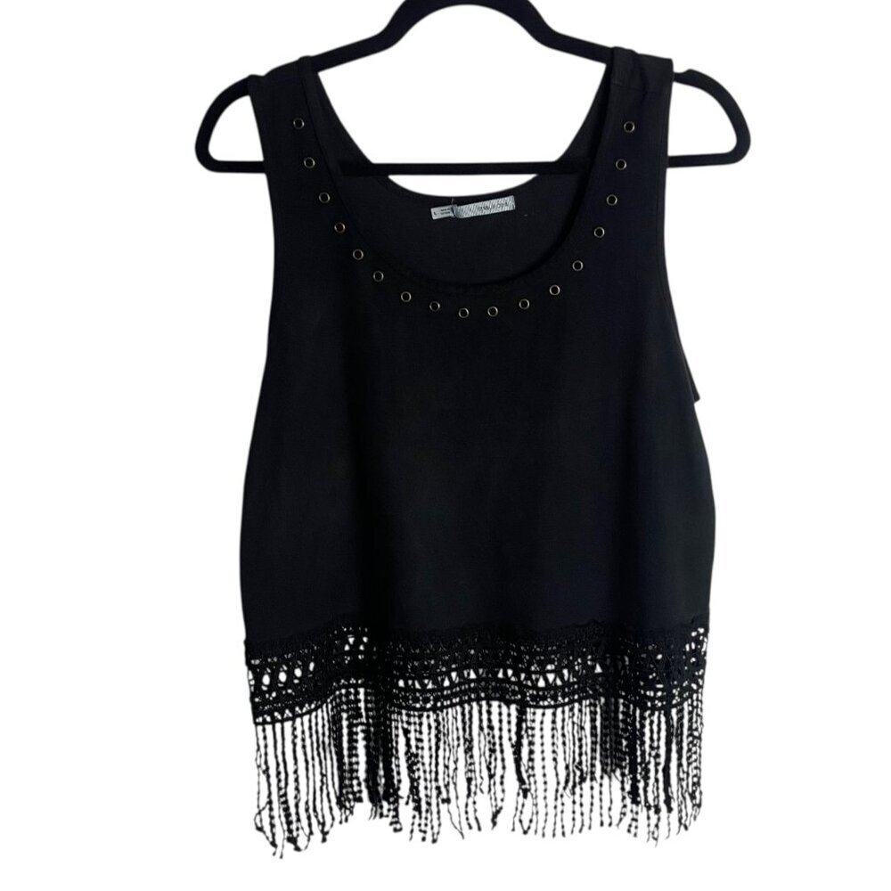 Maurice's Size Large Black Cropped Faux Suede Fringe Garment Tank Top Festival